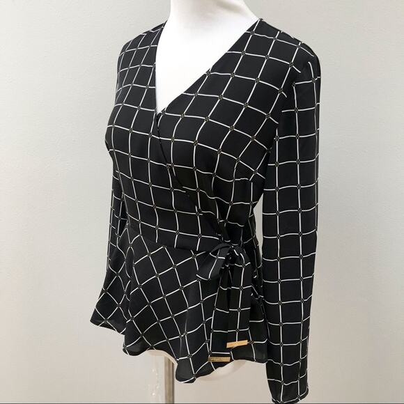 Michael Kors Black & White Windowpane Crossover Long Sleeve Wrap Blouse Women XS - Picture 7 of 10